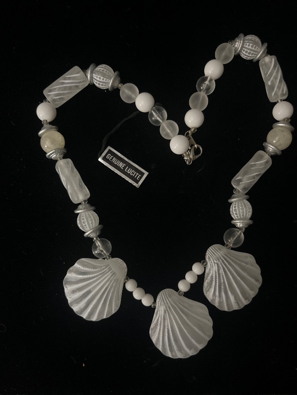 Vintage Silver Frosted Lucite Puffy Seashell Bead Necklace